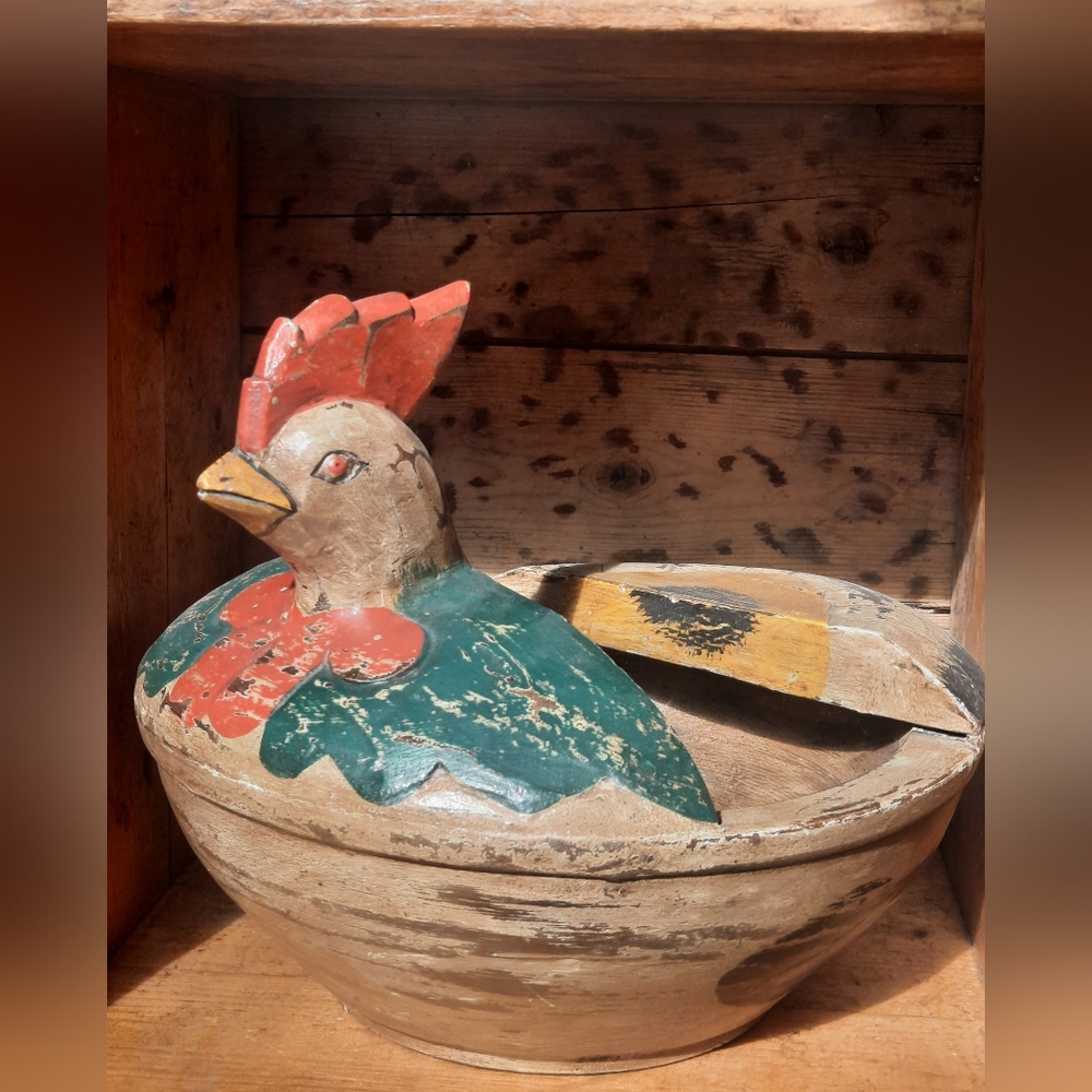 Handcrafted Wooden Rooster Egg Bowl Farmhouse Decor Folk Art